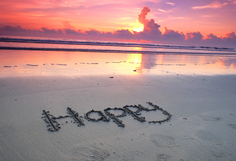 Beach at sunset with word "happy" carved into the sand
